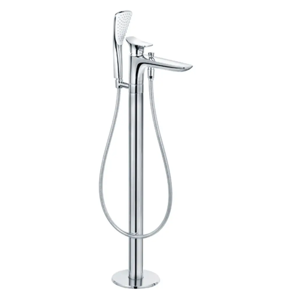 Chromfarbener Standmischer von Kludi mit Handbrause. Das Produkt hat einen hohen Standfuß und eine flexible Schlauchleitung für die Nutzung im Bad.